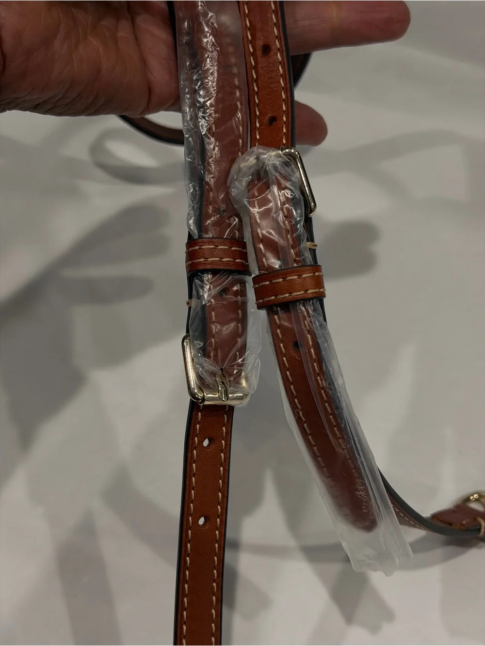 Adjustable Brown Leather Messenger Bag Strap with Light Gold Hardware